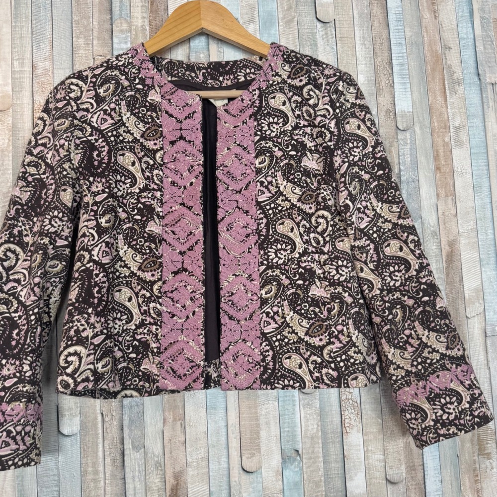 Julia Amory Embroidered Paisley 100% Cotton Canvas Open Front Cropped Jacket S‎